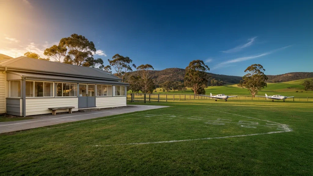 Kleines ländliches Terminalgebäude und grasbewachsenes Vorfeld am Flughafen Orbost RBS in Victoria, Australien, unter klarem Nachmittagshimmel.
