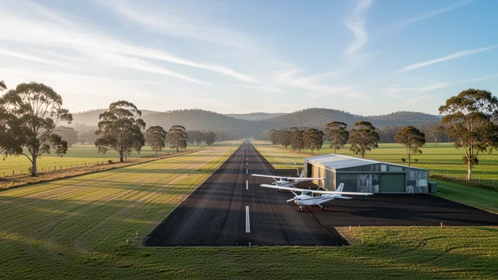 Pequeño aeródromo rural en el aeropuerto de Orbost, en East Gippsland, Victoria, con aviones ligeros estacionados cerca de un hangar bajo durante la hora dorada