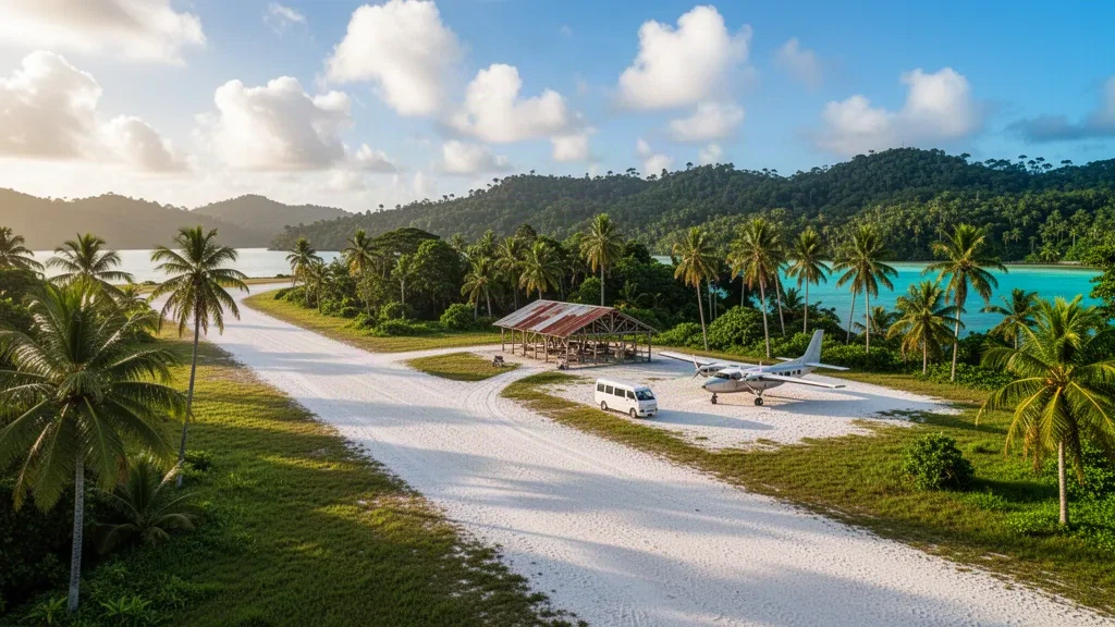 Tropical island airstrip and small open-air terminal at Ramata Airport in the Solomon Islands, framed by palms and rainforest
