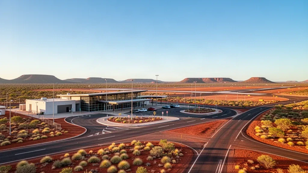 Modernes Terminal und Bringzone am Roebourne Airport in der Pilbara-Region von Western Australia, mit rotem Erdreich und klarem blauem Himmel.