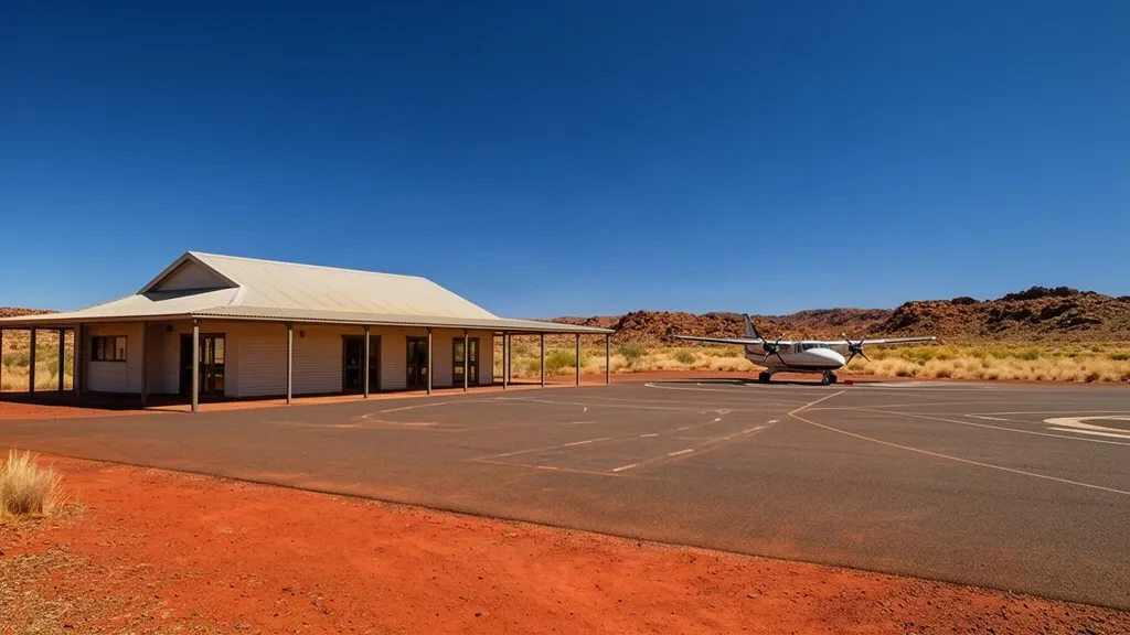 Niedriges Terminalgebäude und Vorfeld am Roebourne Airport RBU in der Pilbara, Western Australia, unter klarem blauem Himmel