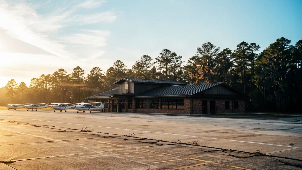 Lowcountry Regional Airport RBW terminal building and concrete apron with parked light aircraft under a warm Lowcountry sky