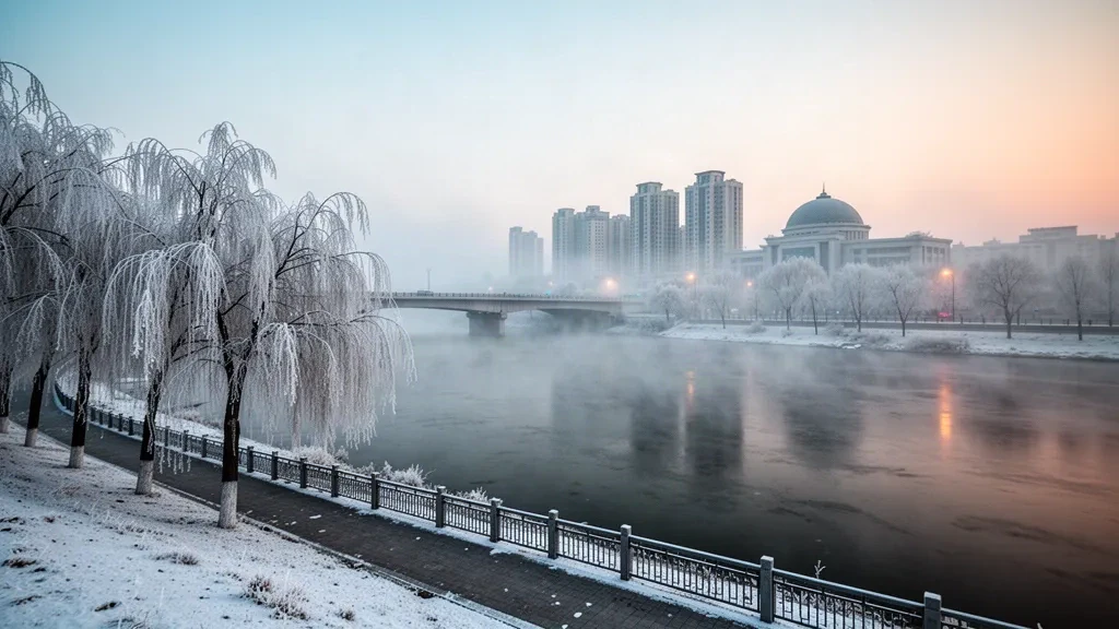 Escarcha cubriendo los árboles de la ribera a lo largo del río Songhua en la ciudad de Jilin, China, al amanecer invernal con niebla y un horizonte lejano