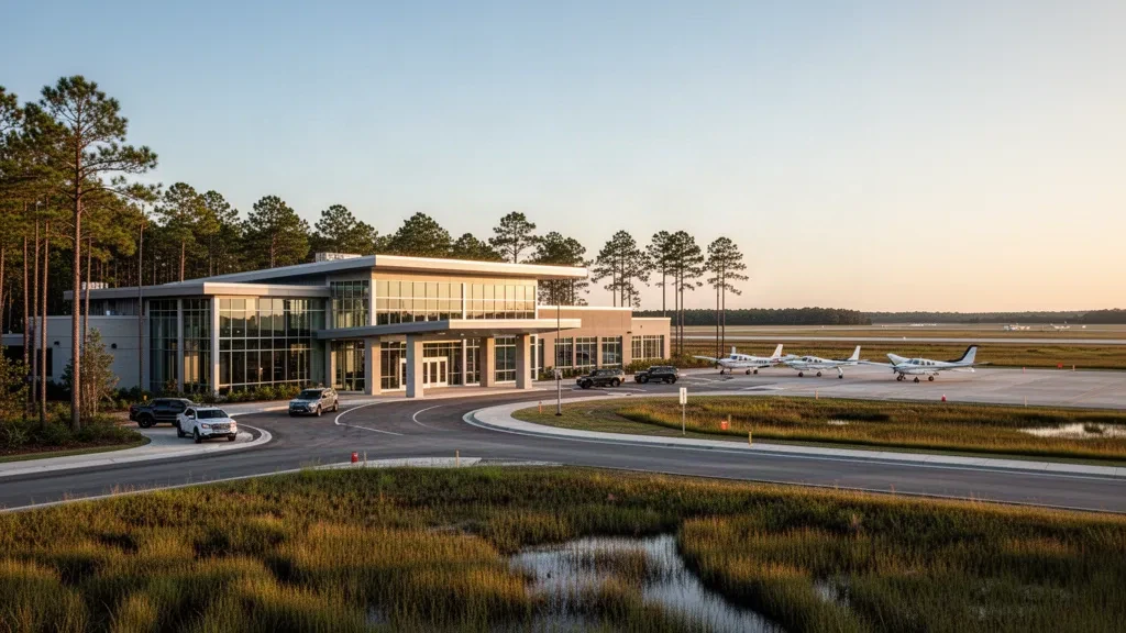 Extérieur du terminal de l'aéroport Lowcountry Regional avec des aéronefs d'aviation générale et un ciel dégagé à Walterboro, en Caroline du Sud.