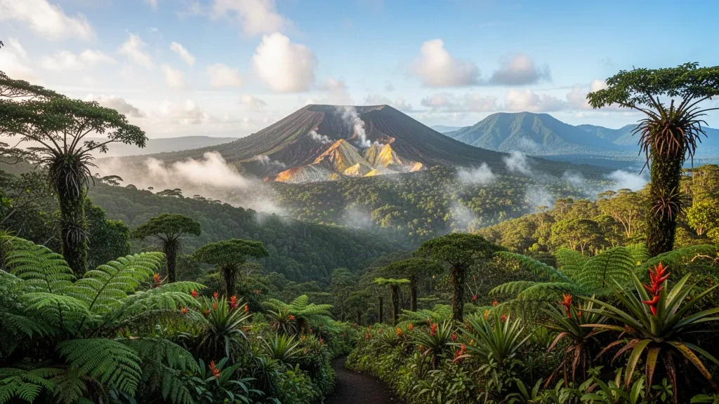 Der Vulkan La Grande Soufrière ragt über den üppigen tropischen Regenwald des Guadeloupe-Nationalparks auf der Insel Basse-Terre empor