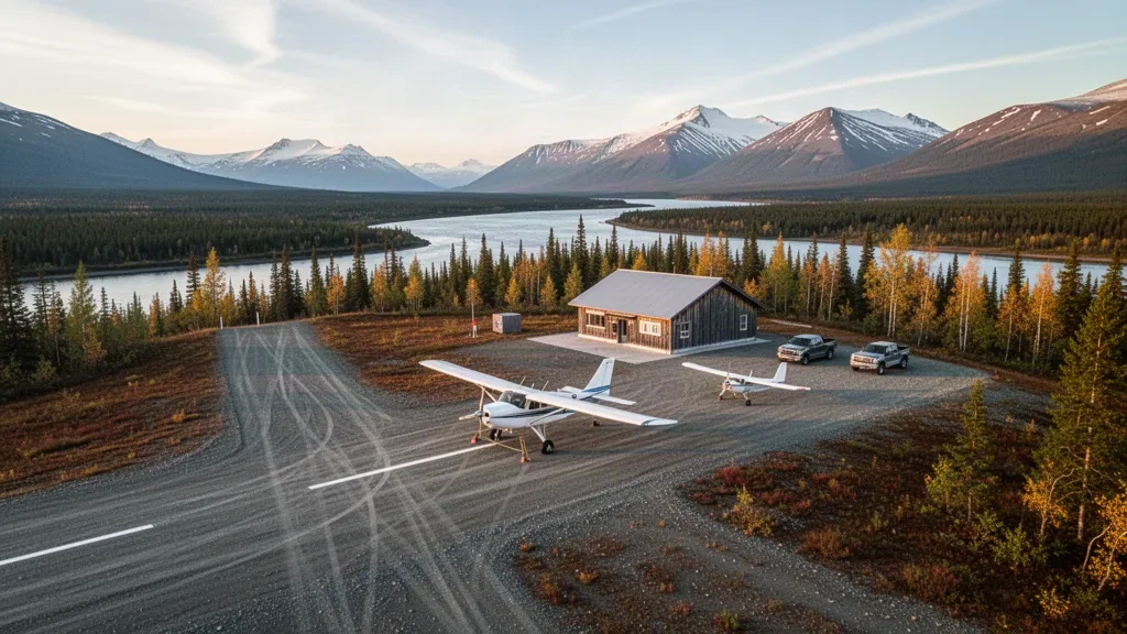 Small rural Alaska airport near Ruby with a gravel runway, a parked bush plane and forested river valley at golden hour