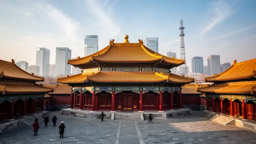 Blick zur goldenen Stunde auf den Kaiserpalast von Shenyang in Liaoning, China, mit seinen gelb gefliesten mandschurischen Hallen vor der modernen Skyline der Stadt