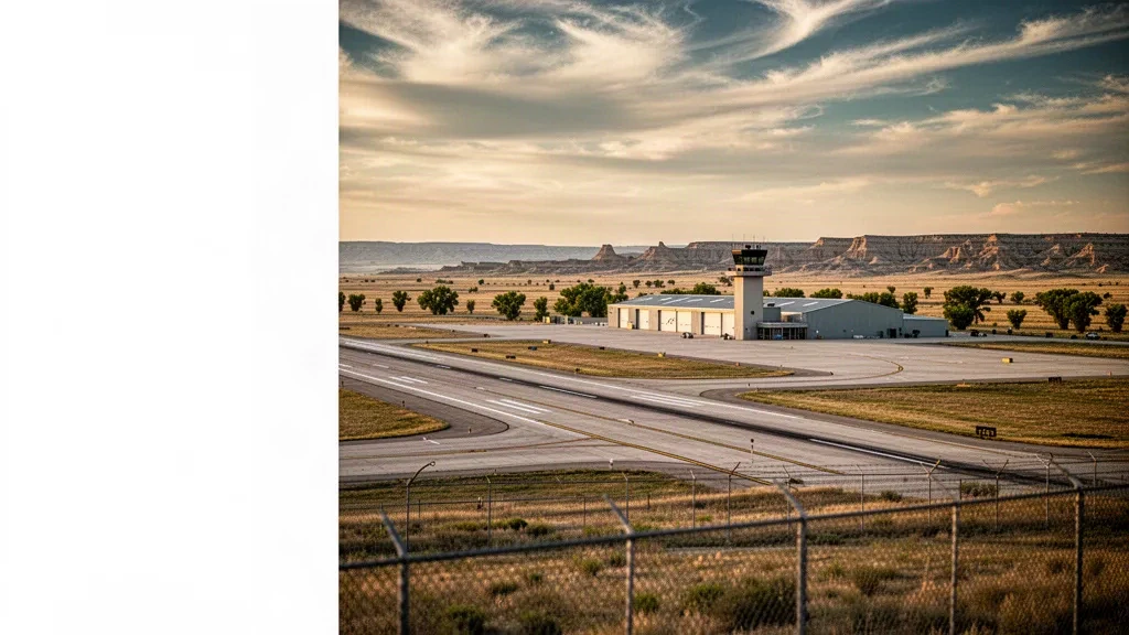Vue à l'heure dorée de la piste, de la tour de contrôle et des hangars de l'aérodrome de la base aérienne d'Ellsworth près de Rapid City, dans le Dakota du Sud