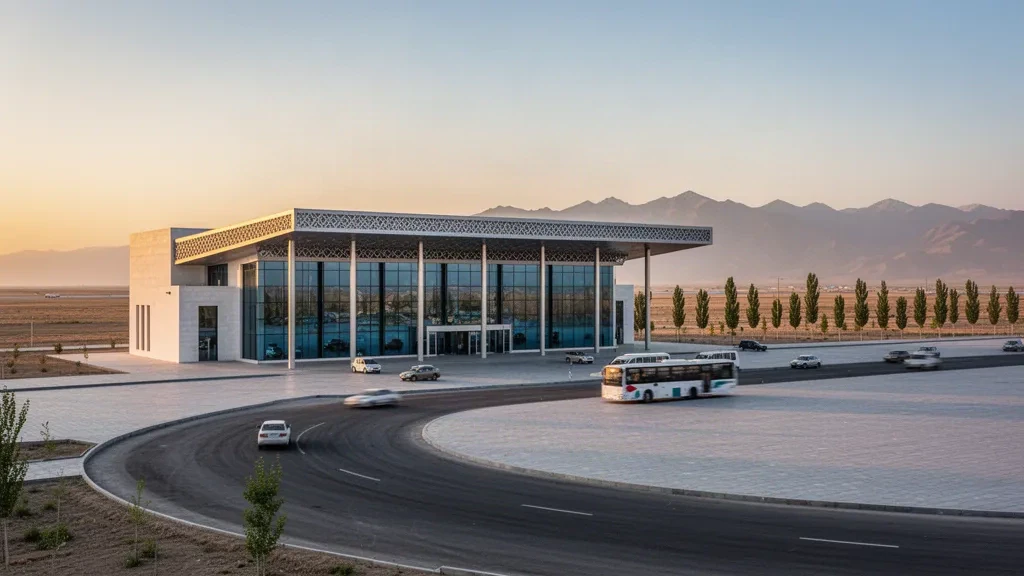 Özbekistan'daki modern Şehrisabz Havalimanı terminal cephesinin ve indirme-bindirme alanının altın saat görünümü