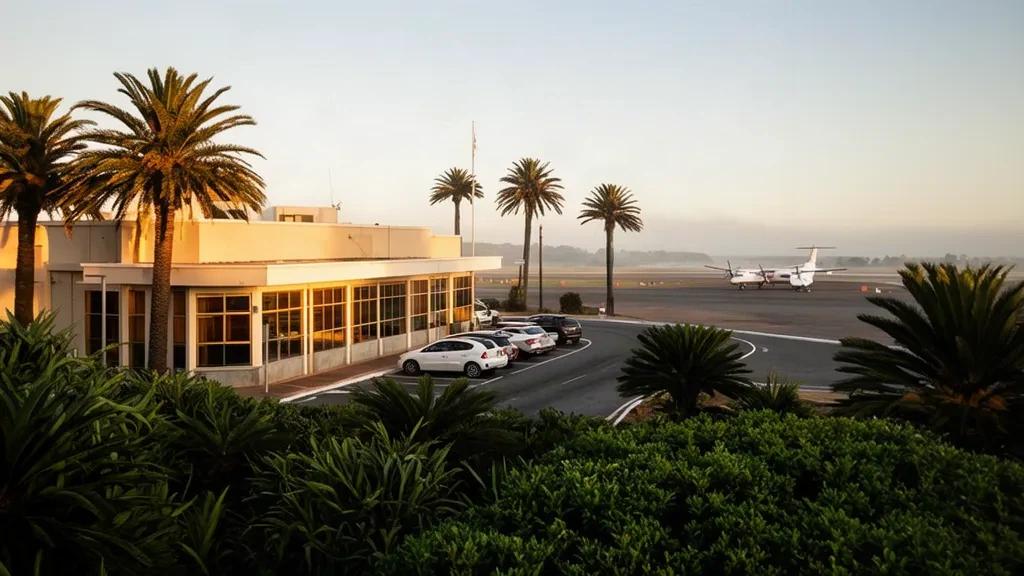 Kleines Regionalterminalgebäude und Vorfeld am Flughafen Richards Bay RCB in KwaZulu-Natal, Südafrika, in warmem Licht des späten Nachmittags
