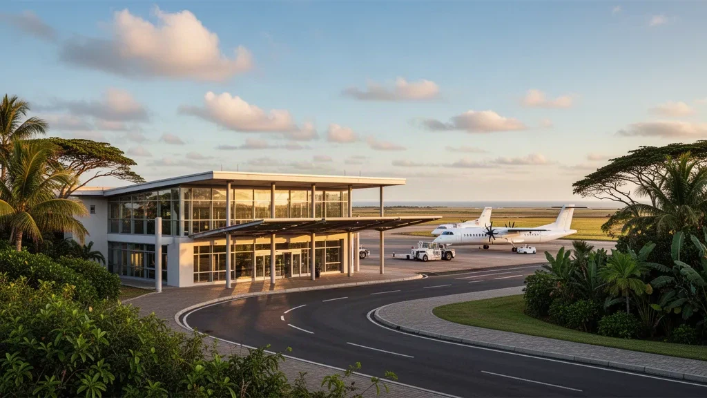 Terminal moderne en verre et voie de dépose le long du trottoir à l'aéroport de Richards Bay au KwaZulu-Natal, entourés d'une végétation côtière luxuriante à l'heure dorée