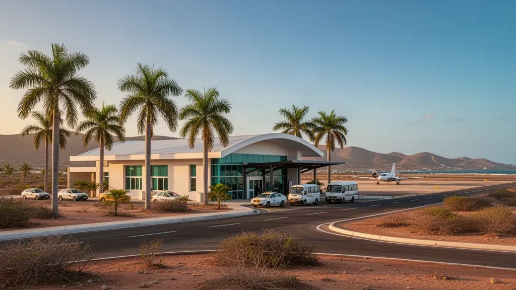 Modern terminal exterior and drop-off lane at Almirante Padilla Airport in Riohacha, Colombia, framed by palms at golden hour.