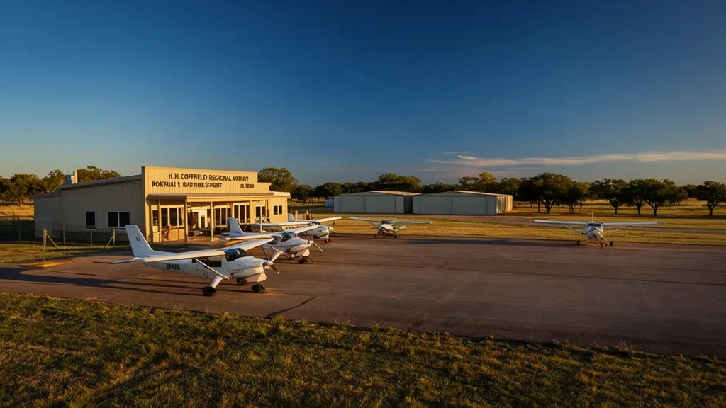 Pequeña terminal y plataforma de aeronaves en el aeropuerto regional H. H. Coffield en Rockdale, Texas, bajo un cielo despejado de finales de la tarde.