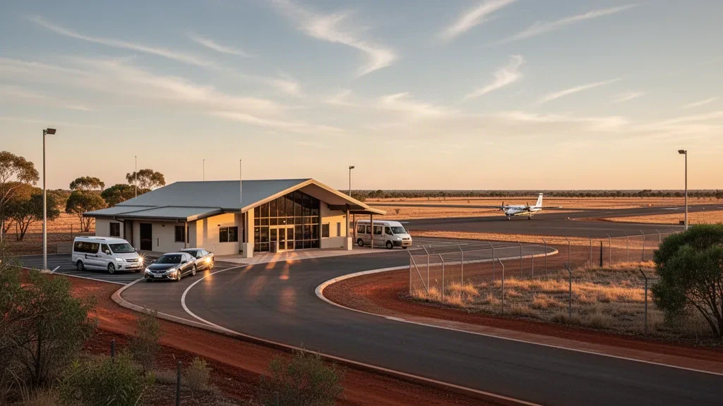 Regional airport terminal entrance and runway at Richmond Airport in outback Queensland during warm golden-hour light