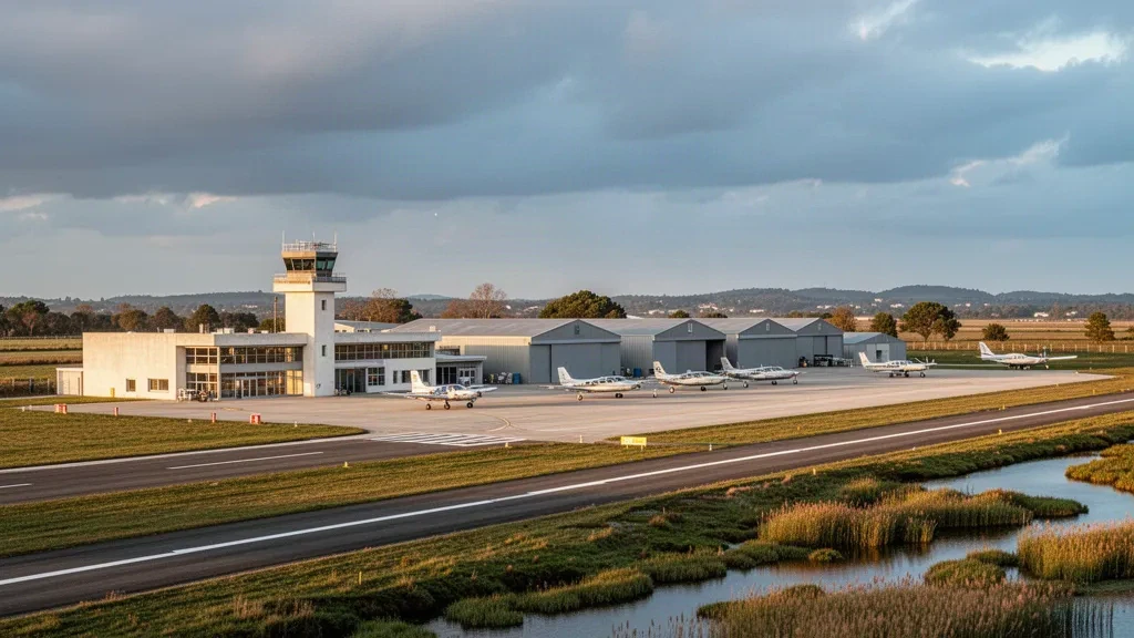 Rochefort–Saint-Agnant Airport in Charente-Maritime with its terminal, control tower and light aircraft on the apron under golden-hour light.