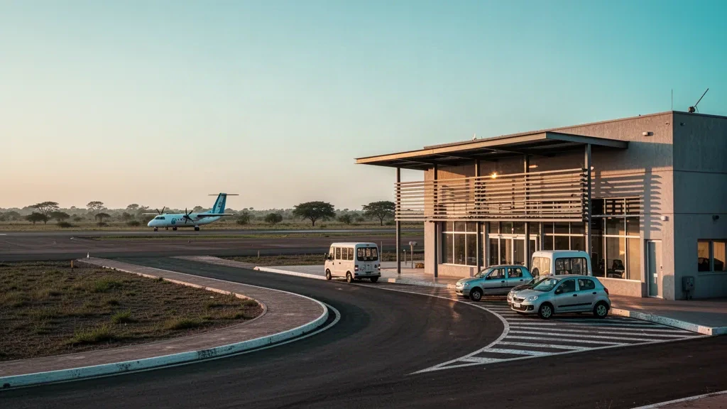 Terminal moderno in vetro e piazzale dell'aeroporto di Reconquista a Santa Fe, in Argentina, illuminati nell'ora d'oro con spazio libero per le sovrapposizioni della pagina.
