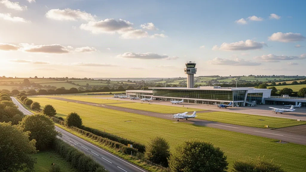 Modern terminal and grass runway at Rochester Airport in Kent, England, with light aircraft during golden hour.