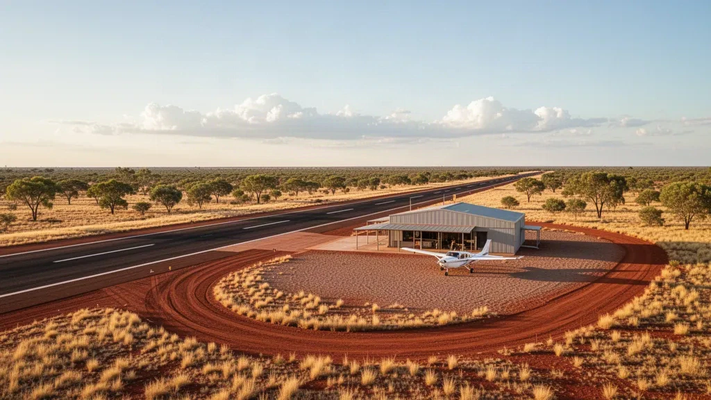 Remote outback runway and small terminal at Rockhampton Downs Airport in the Northern Territory under late-afternoon light
