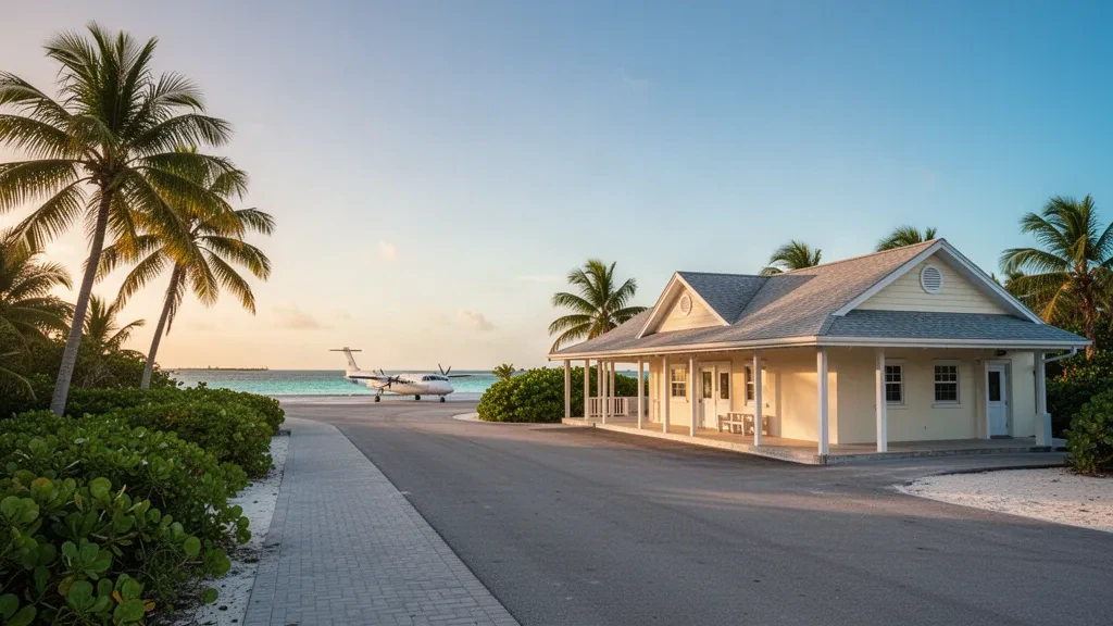 Low-rise terminal and palm-lined apron at Rum Cay International Airport in the Bahamas, bathed in golden-hour Caribbean light