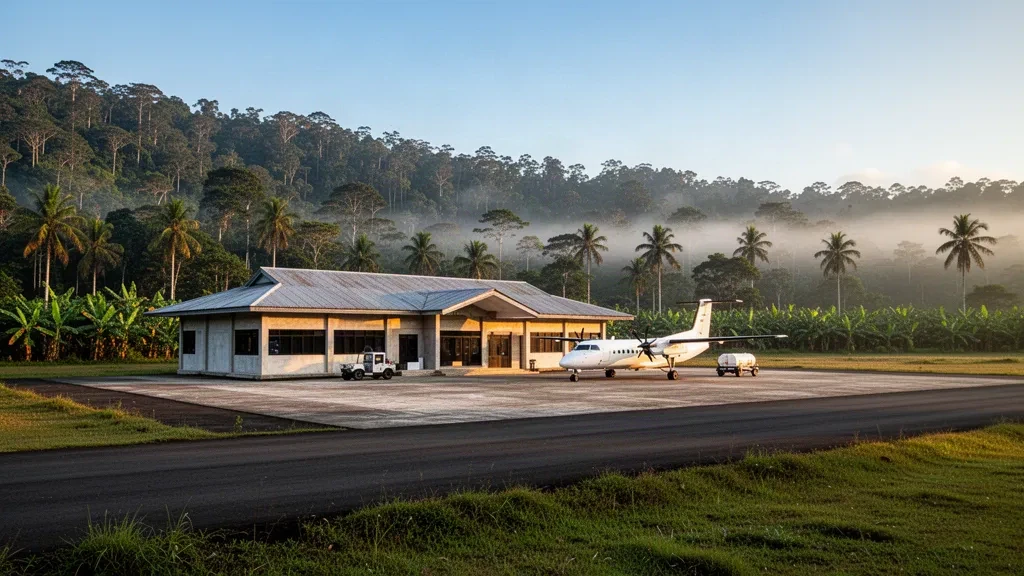 Petit terminal régional et tarmac de l'aéroport de Merdey en Papouasie occidentale, Indonésie, entourés de collines de forêt tropicale au lever du soleil