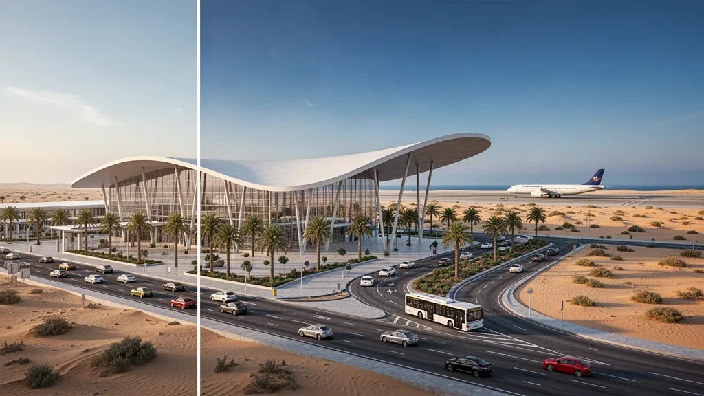 Modern glass terminal, palm-lined access roads and drop-off lanes at Bardawil International Airport in North Sinai, Egypt, in warm coastal light.
