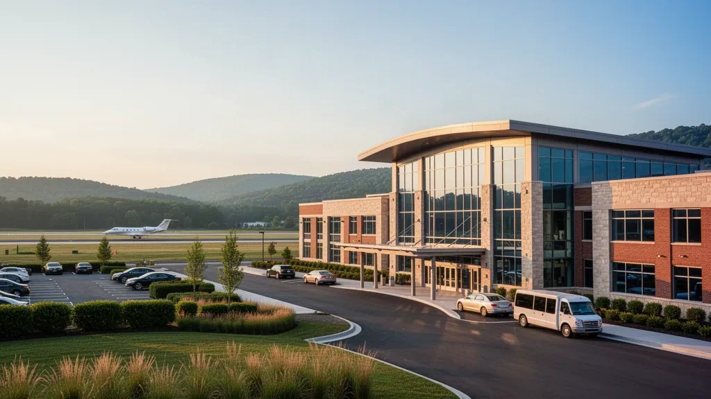 Pennsylvania, Bern Township'teki Reading Regional Havaalanı'nda altın saat ışığıyla yıkanan modern terminal dış cephesi ve yolcu indirme şeritleri