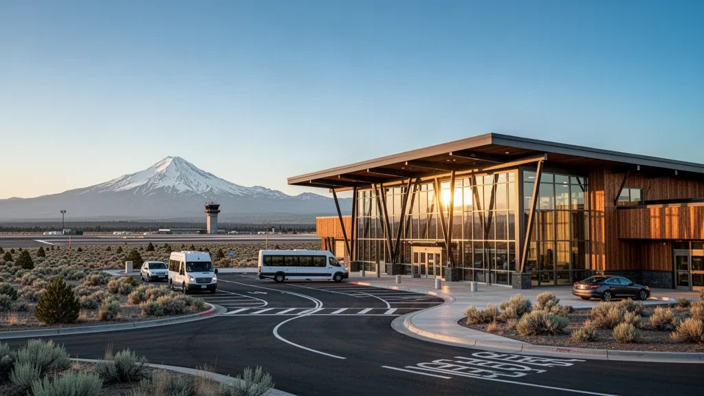 Modern glass and timber terminal exterior at Roberts Field in Redmond, Oregon, with high desert landscape and Cascade mountain views at golden hour