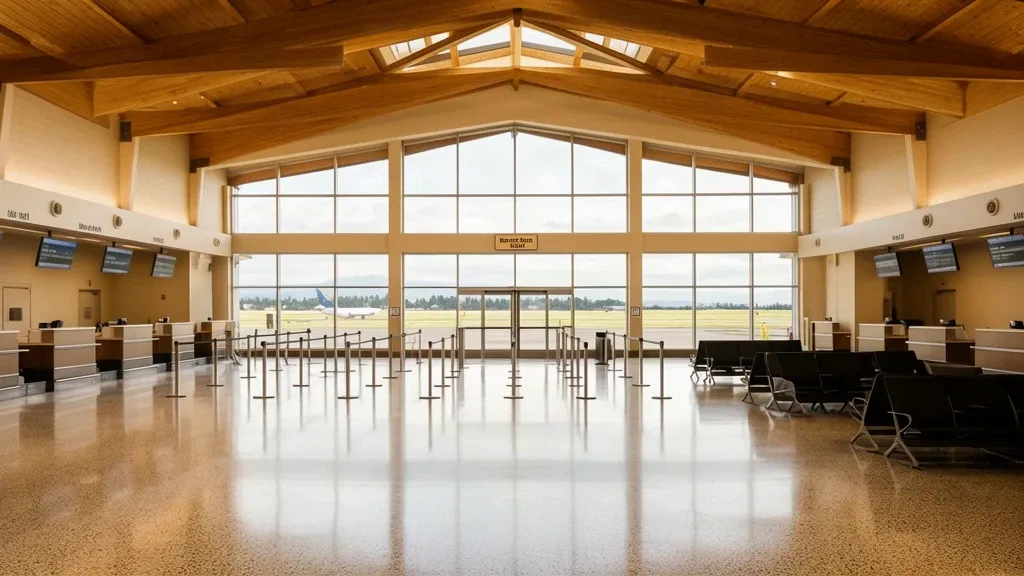 Interior view of Roberts Field RDM airport terminal in Redmond, Oregon, with check-in area and large windows.