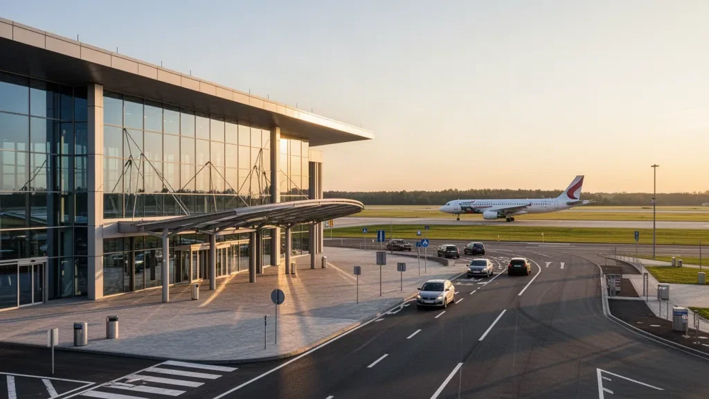 Modern glass terminal exterior at Warsaw Radom Airport with drop-off lane, taxiway and aircraft in golden hour light.