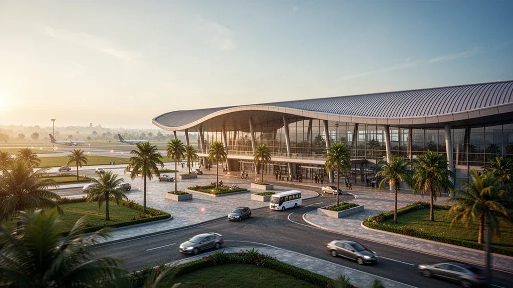 Modernes Glas-Terminal und Bringspuren am Kazi Nazrul Islam Airport in Durgapur, Westbengalen, zur goldenen Stunde fotografiert