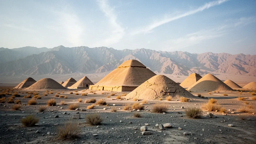 Pianura desertica dorata con le coniche Tombe Imperiali degli Xia Occidentali vicino a Yinchuan, Ningxia, sotto i aspri Monti Helan