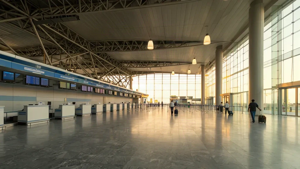 Helle Abflughalle des Kazi Nazrul Islam Airport in Durgapur mit Check-in-Schaltern und hohen Glaswänden
