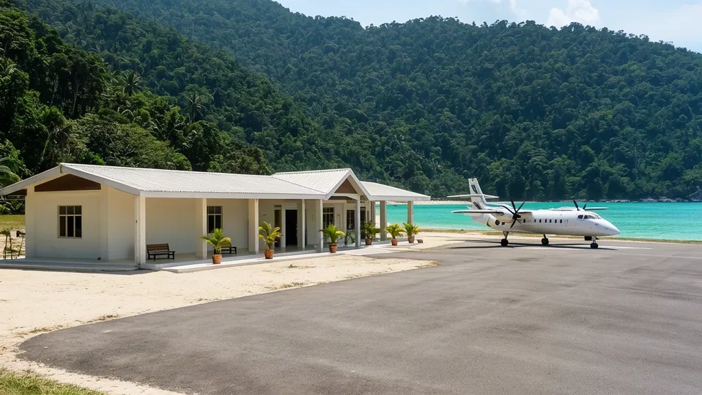 Kleines tropisches Terminal und Vorfeld am Flughafen Pulau Redang RDN in Terengganu, Malaysia, mit Palmen und einer abgestellten Turboprop-Maschine für den Regionalverkehr.