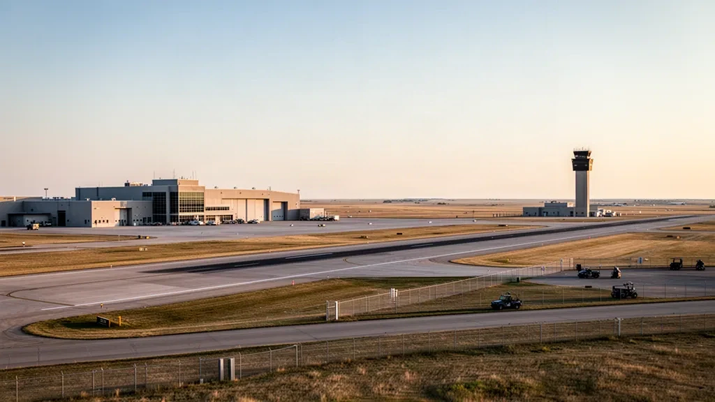 Golden-hour view of the Grand Forks Air Force Base airfield with runway, control tower and open North Dakota prairie sky