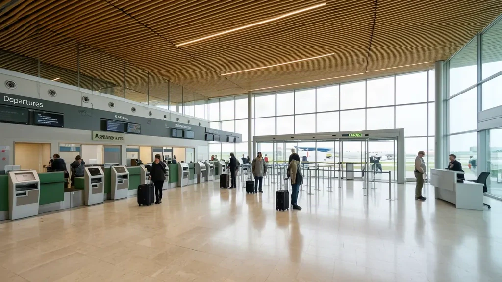 Varşova Radom Havalimanı RDO'da ahşap tavanlı, check-in kontuarlı ve kalkış salonunda yolcuların bulunduğu aydınlık modern terminal iç mekanı