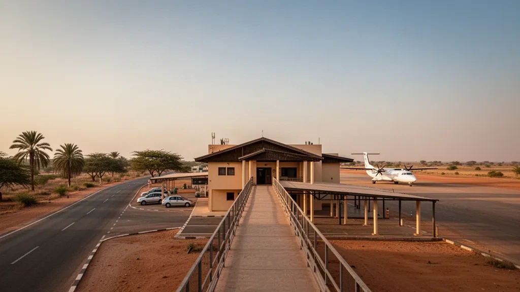 Piccolo terminal aeroportuale regionale, piazzale e strada di accesso a Richard Toll nel nord del Senegal con calda luce dell'ora d'oro