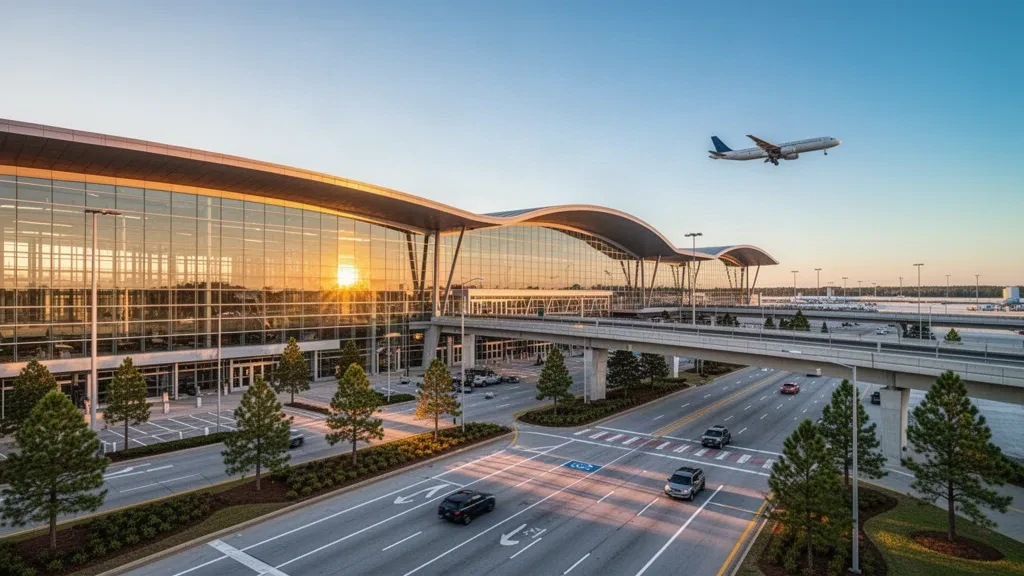 Modernes Glas-Terminalgebäude am Raleigh-Durham International Airport während der goldenen Stunde, mit Bringspuren und Flugzeugen in der Ferne.