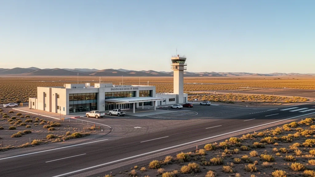 Petit terminal régional et piste de l'aéroport de Rincón de los Sauces dans le Neuquén, en Argentine, sous un ciel patagonien dégagé.