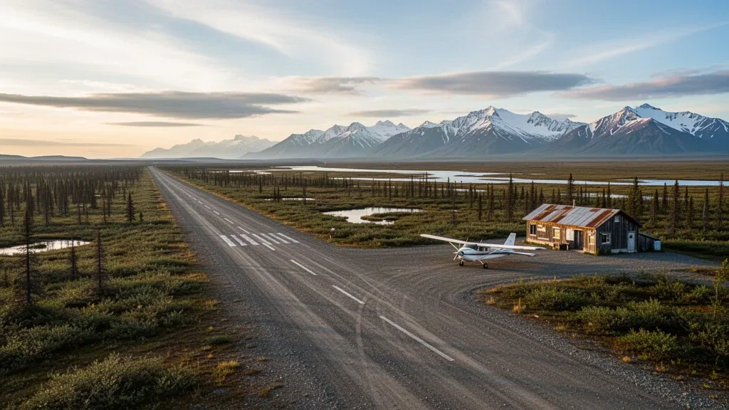 Pista de grava y una pequeña avioneta en el Aeropuerto Red Devil, en la remota Alaska, con tundra y montañas distantes durante la hora dorada