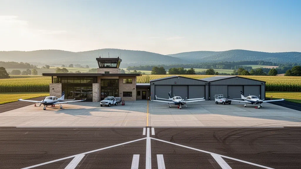 Single-engine aircraft and hangars beside the runway at Mifflin County Airport in rural Pennsylvania under warm late afternoon light
