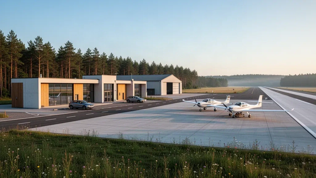 Modernes Terminal und ruhiges Vorfeld am Müritz Airpark in Rechlin-Lärz, Deutschland, zur goldenen Stunde mit kleinen Leichtflugzeugen in der Nähe.