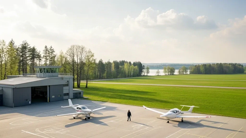Plataforma, hangar y torre de control en Müritz Airpark, cerca de Rechlin, en la región de los lagos de Mecklemburgo, Alemania, en una mañana despejada