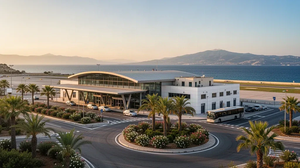 Modernes Glas-Terminal und Vorfahrspuren am Flughafen Reggio Calabria mit der Straße von Messina und fernen sizilianischen Hügeln im warmen Abendlicht