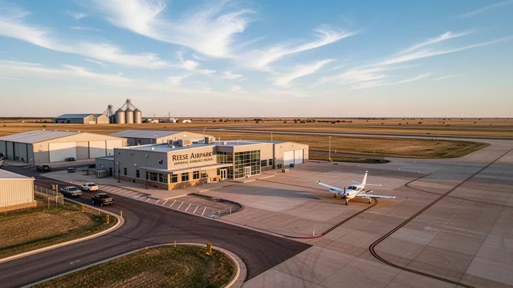 Weitblick auf den Reese Airpark in Lubbock, Texas, mit Hangars, Start- und Landebahnen und offenem West-Texas-Himmel zur goldenen Stunde