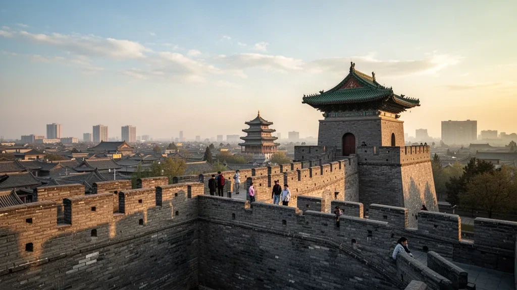 Blick zur goldenen Stunde entlang der antiken Stadtmauer von Xi'an in Shaanxi, China, mit dem Glockenturm und historischem Stadtpanorama im Hintergrund