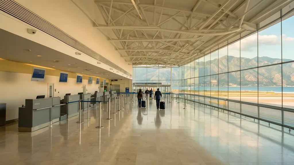 İtalya, Calabria'daki Reggio Calabria Havalimanı terminalinin check-in kontuarları, cam duvarları ve yolcularla aydınlık iç mekanı.