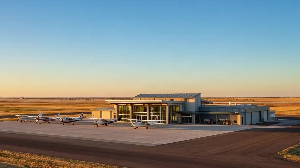 Lubbock, Texas'taki Reese Airpark'ta küçük havalimanı terminali ve park etmiş uçak, açık gökyüzü altında ve arka planda düz ovalar.