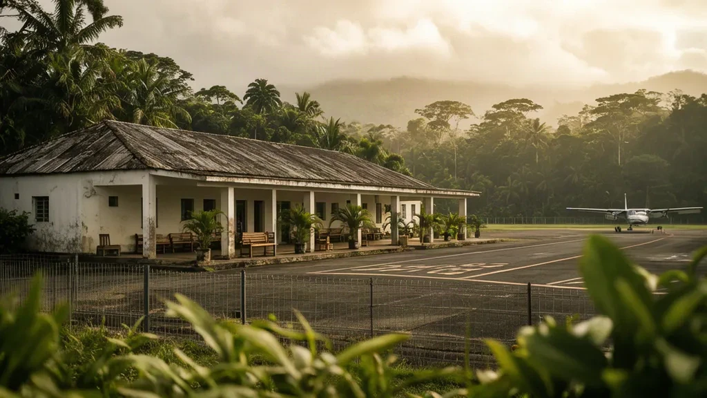 Petit bâtiment terminal tropical à l'aéroport de Régina en Guyane française, encadré par une dense forêt amazonienne sous une lumière humide d'après-midi.