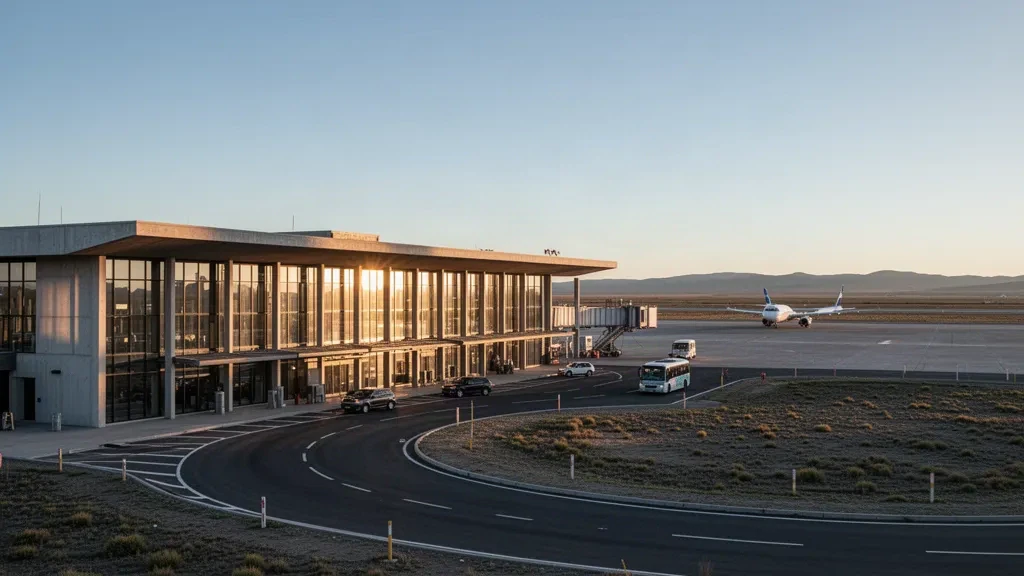 Exterior moderno de la terminal del Aeropuerto Almirante Marco Andrés Zar en Trelew, Patagonia, con vías de acceso a la hora dorada