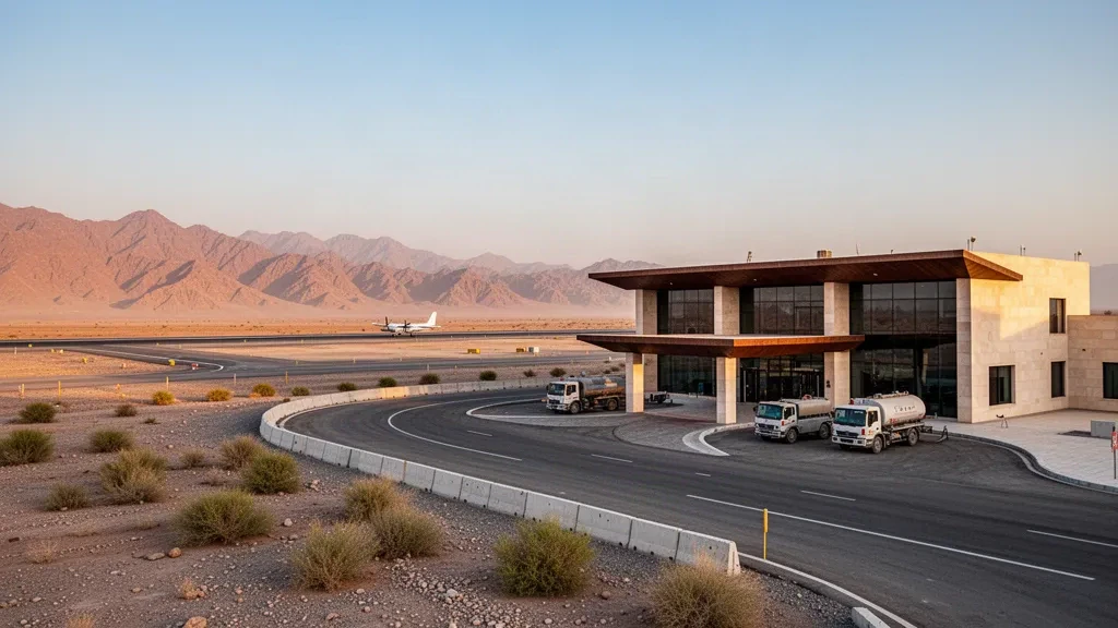 Desert airport terminal and runway in the arid Chagai landscape of Balochistan serving the Reko Diq mining region